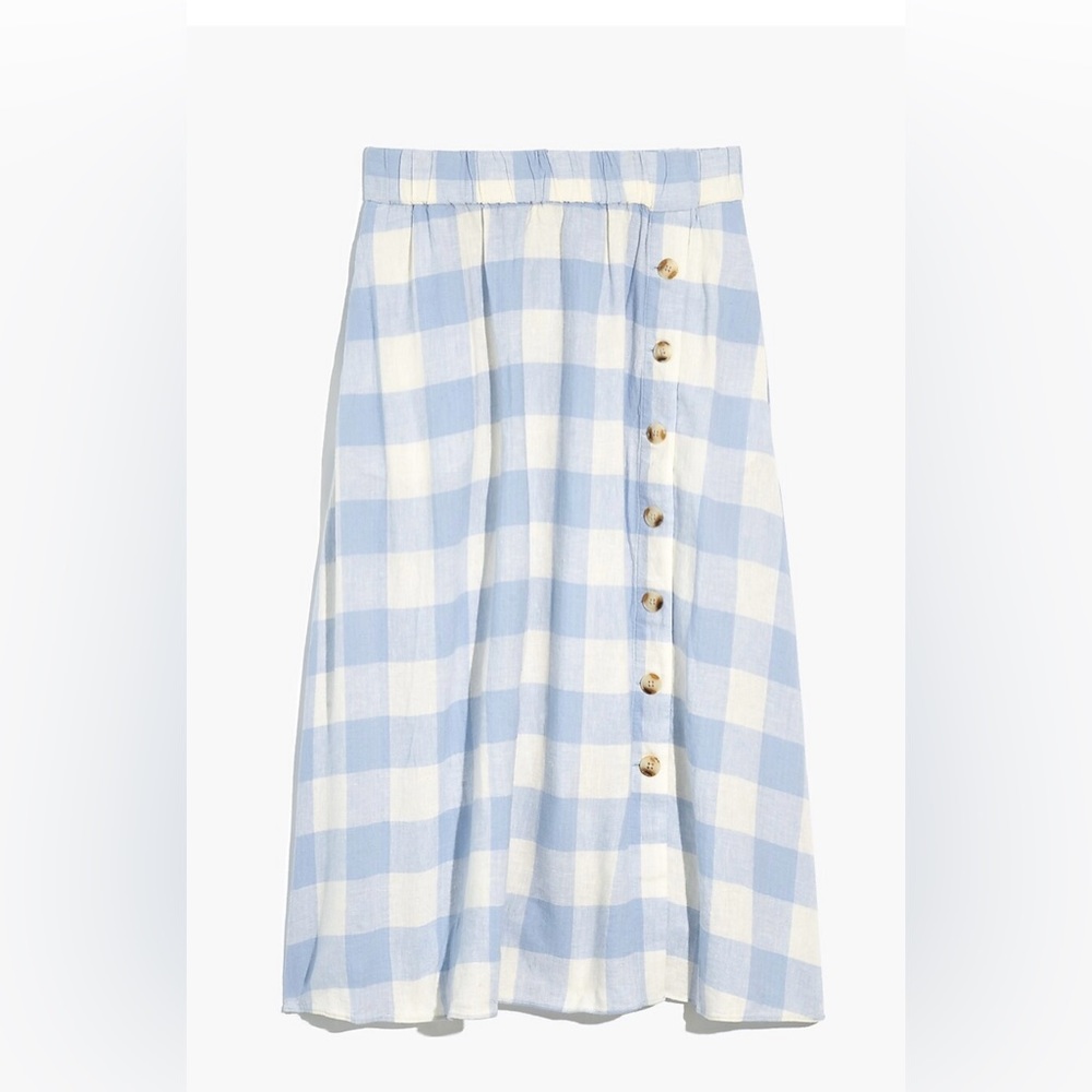 Madewell Linen Blend Side Button Midi Skirt in Gingham Check